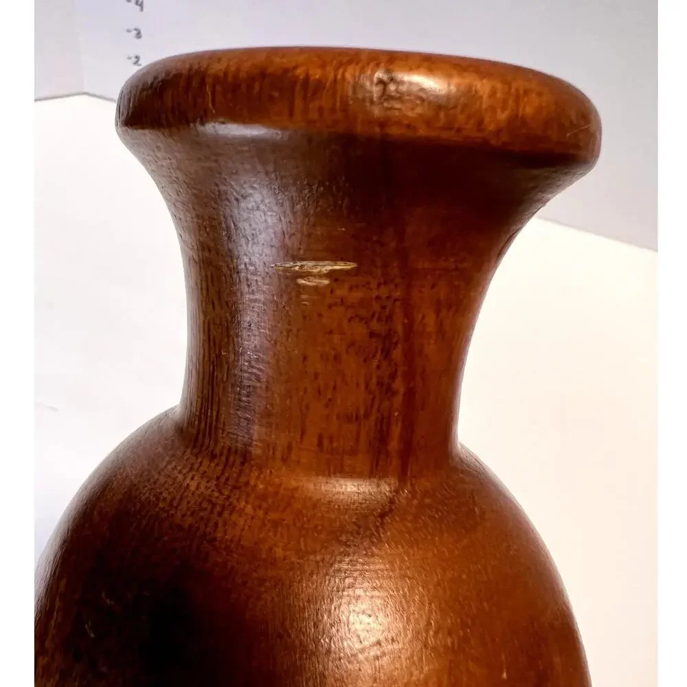 Vintage tall Wood Vase with White Bone inlaid design, hand crafted